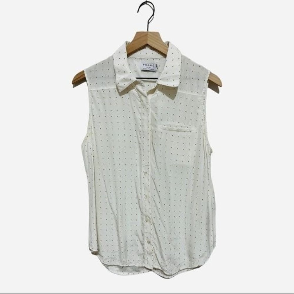 Frame‎ Silk Navy & Yellow Dots  Sleeveless Shirt Size M